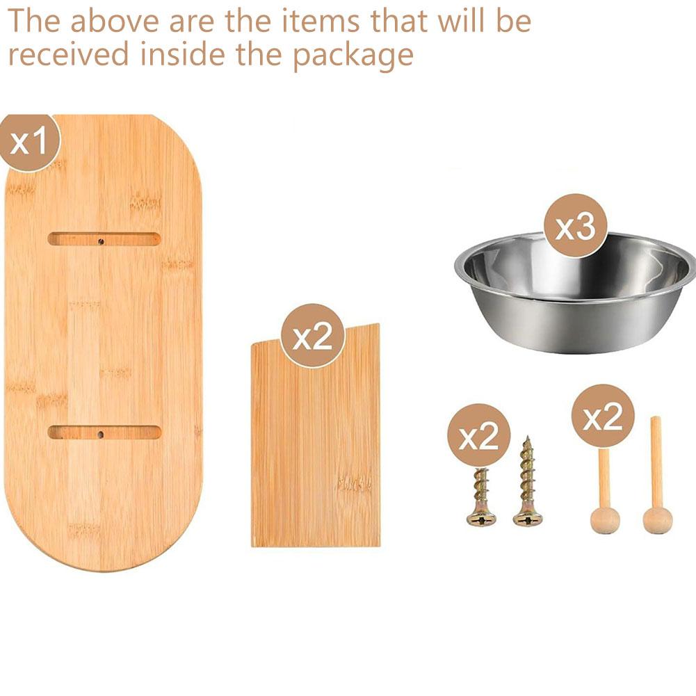 Solid Wood Elevated Pet Bowl Stand with 3 Stainless Steel Bowls for Cats and Dogs Adjustable Height Feeding Station