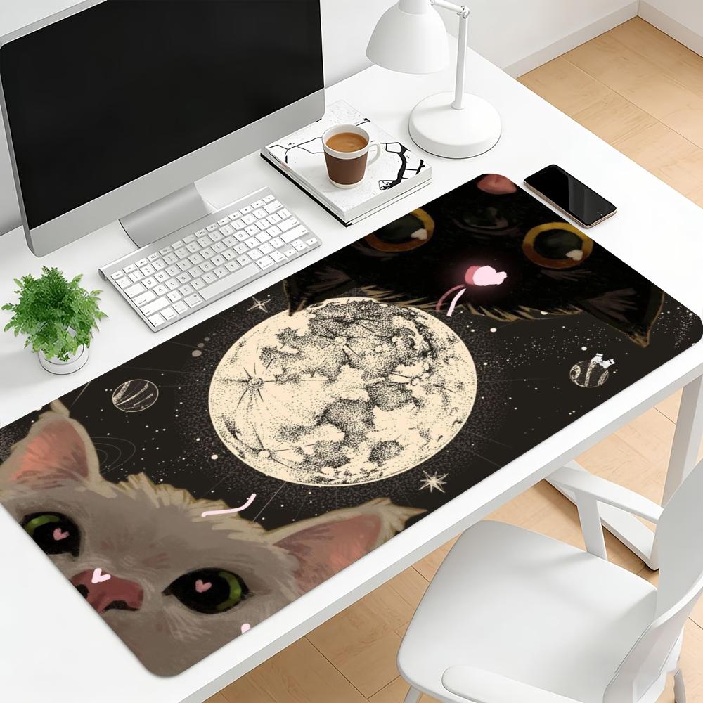 Moon Fluffy Cat Extended Gaming Mouse Pad Non Slip Rubber Keyboard Mat Stitched Edge For Pro ESports Gamers Desk Decor