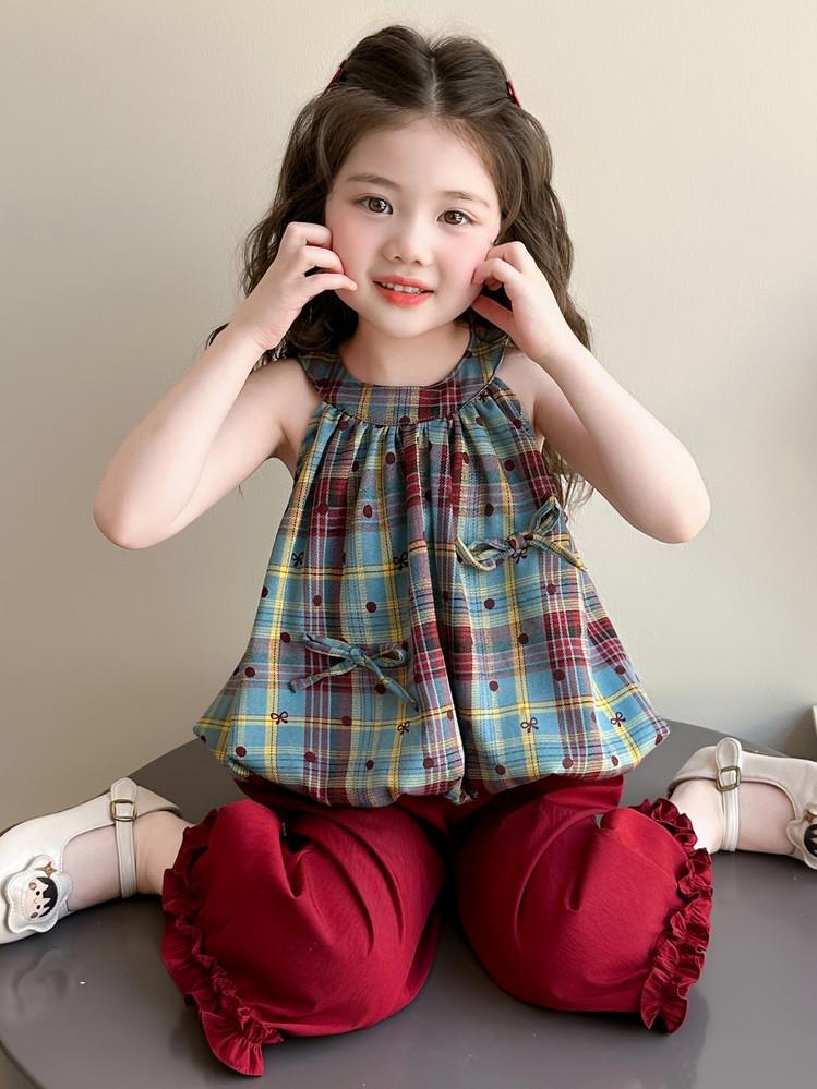 Girls' Summer Plaid Polka Dot Suspender Outfit - Sleeveless Ruffled Top & Wide-Leg Pants, Two-Piece Set for Kids