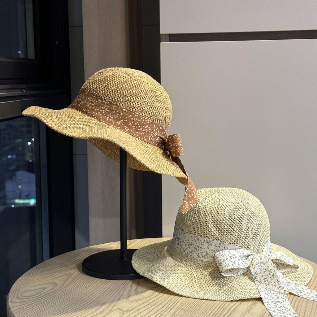 New women's fisherman hat with bow, straw bucket hat, spring and summer sun protection hat, beach sun hat, Korean style cool hat