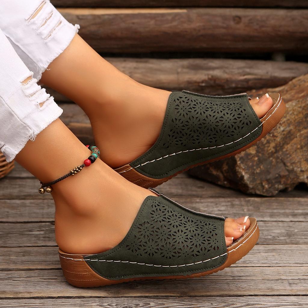 Summer Women's Large Size Round Head Retro Solid Color Sandals Hollow Sewing Line Wedge Sandals