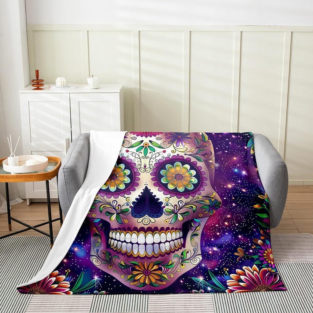Erosebridal Sugar Skull Throw Blanket Romantic Rose Floral Fleece Blanket Queen Mysterious Starry Sky Blanket Exotic Skeleton