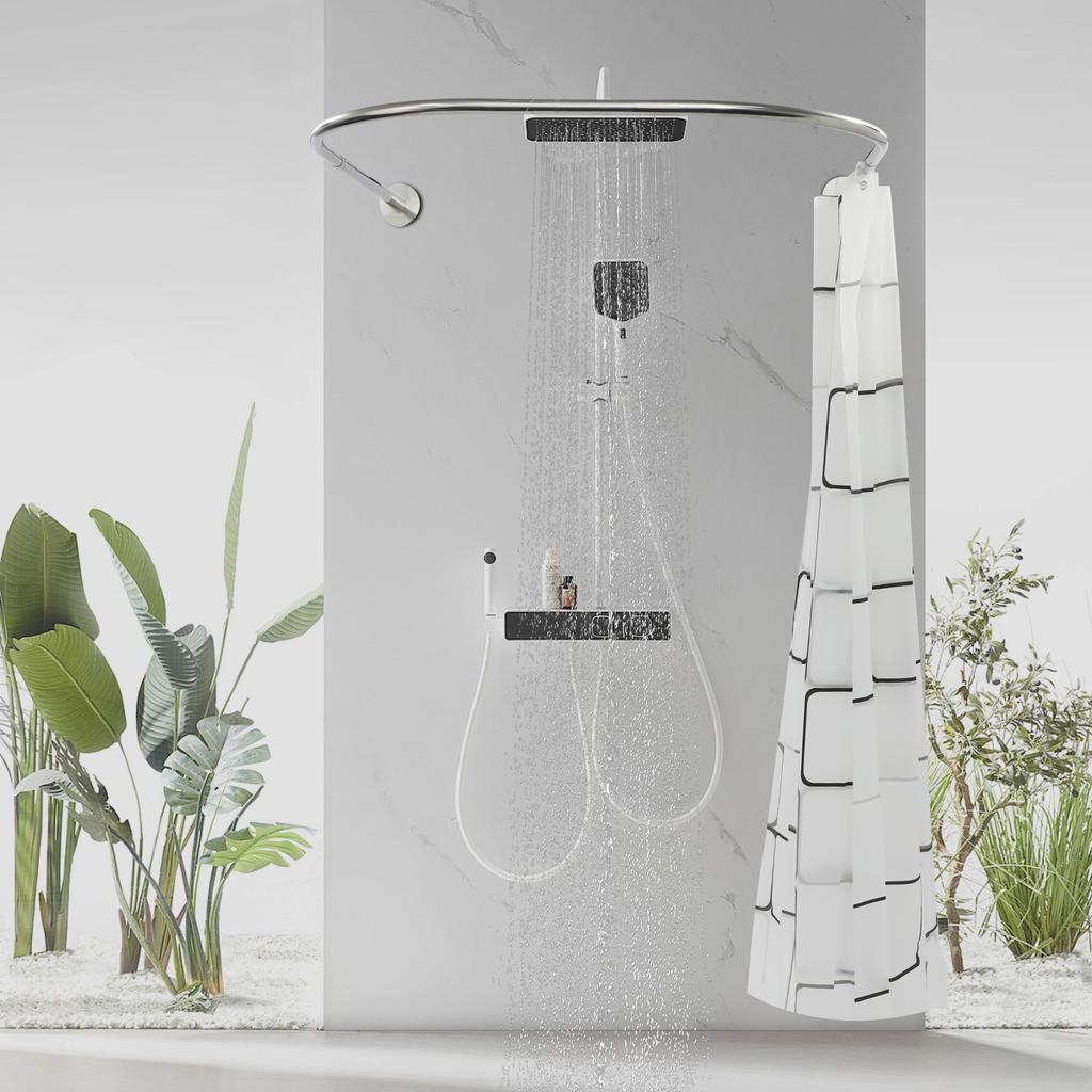 2.4m*1.8m Shower Curtain Rod Kit 0.9-1.3m Shower Curtain Rail U Shape W/ Curtain 80-130 Cm Shower Rail for Shower Curtain