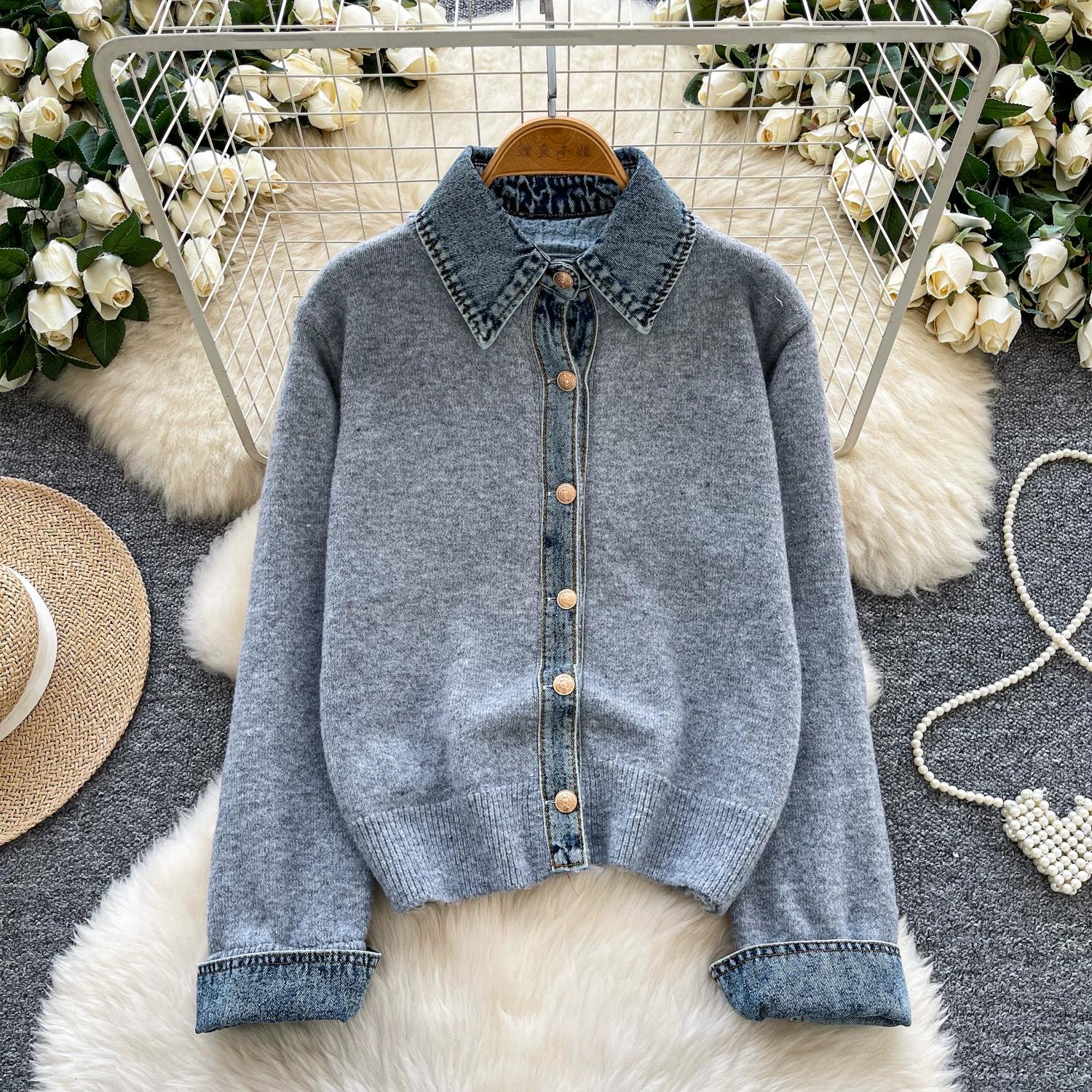 Осенний Зимний Женский Винтажный Однобортный Джинсовый Пэчворк Вязаный Свитер Кардиган Пальто One size светло-серый