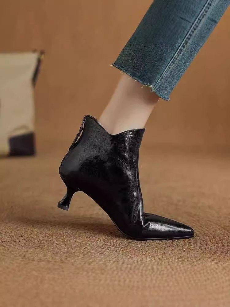 Fashion Elegant with Medium Heels Booties Autumn Winter Fleece-Lined Female Short Shoes Pointed Toe Leather Chelsea Women's Ankle Boots
