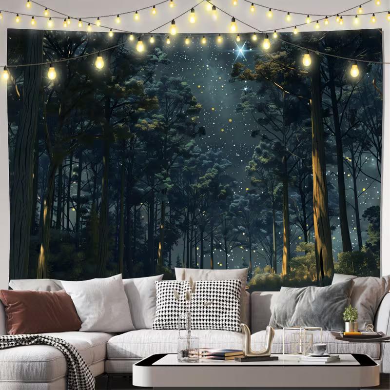 2D Enchanted Night Forest Tapestry, Mystical Starry Sky Background Cloth 47.2x31.5inch/120*80cm