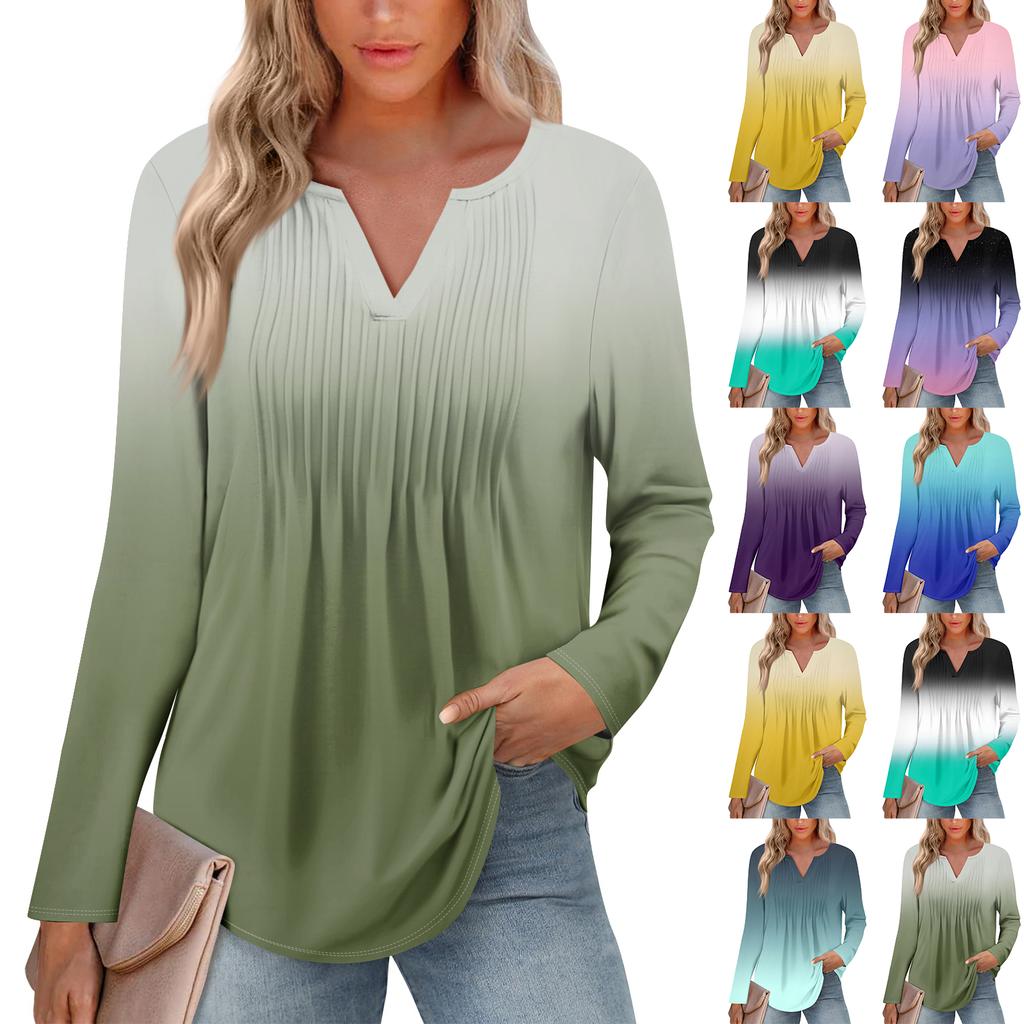 Dámská móda Ležérní Plisované Tričko s V výstřihem a Dlouhým Rukávem Elegantní Top