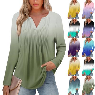 Moda Feminina Casual Plissada Decote em V Cor Sólida Manga Longa Camiseta Tops Elegantes