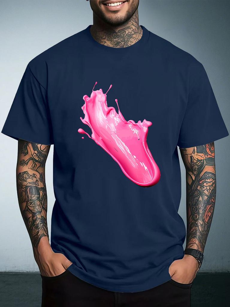 Unisex Summer White Short Sleeve Tee Glossy Pink Liquid Splash Abstract Graphic Print Crew Neck Loose Streetwear Male Casual Tops