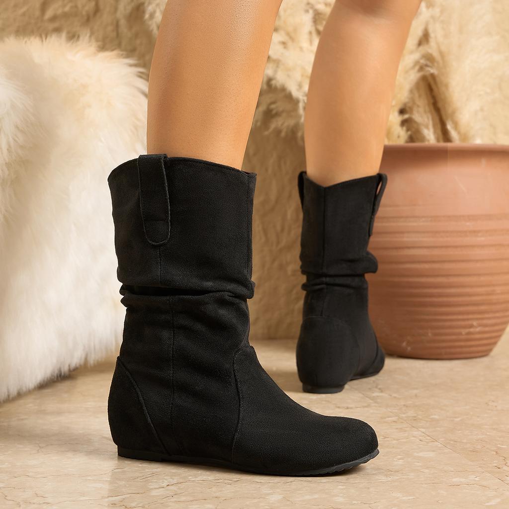 Large Size Women's Shoes - Round Martin Boots Inner Height Increasing Suede Folded Women's Boots Short Boots