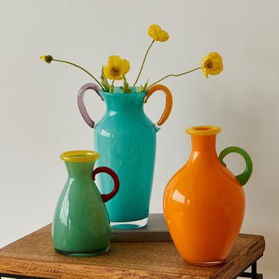 Stained Glass Vase Vintage Binaural Handle Flower Vase Floral Arrangement Accessories Terrarium Home Decoration Accessories