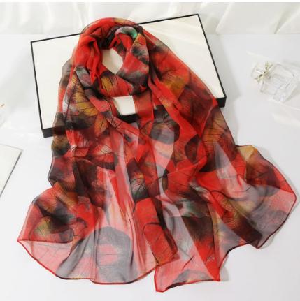Fashionable thin long printed silk scarf sun scarf leaf red and black One Size