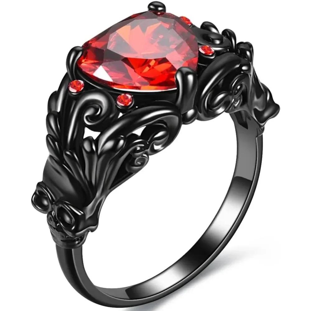 Gothic Skull Heart Ring for Women, Black Gold Tone with Red Purple Crystal Zirconia, Ideal Gift for Valentine's Day Mother's Day