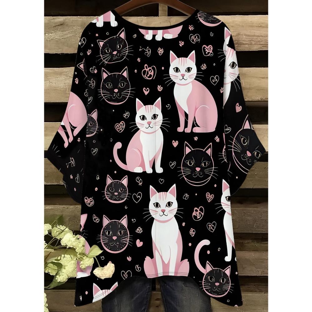 Cute cat women's large size short-sleeved T-shirt, irregular hem design