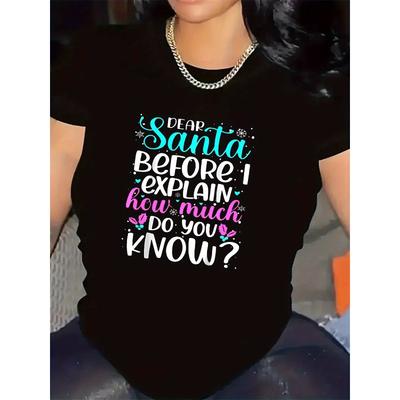 Women's Festive Santa Print Tee Crew Neck Short Sleeve Casual Holiday Daily Top