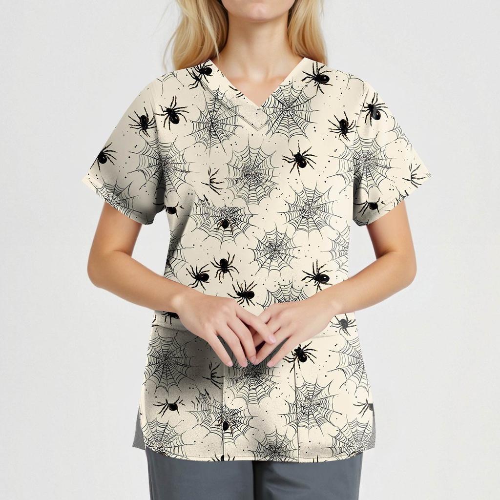 Women's Fashion V-Neck Short Sleeve Overalls With Pockets Halloween Printed Tops  Apparel