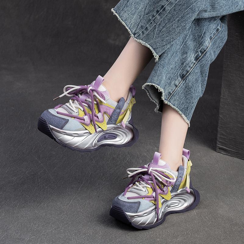 6CM Spring Air Mesh Leather Pigskin Women Ankle Boots Flats Booties Mixed Color Chunky Sneaker Comfy Fall Summer Shoes