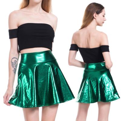 Mini-jupe taille haute pour femme, surface brillante, ourlet trapèze, jupe courte brillante pour spectacle sur scène, patineuse