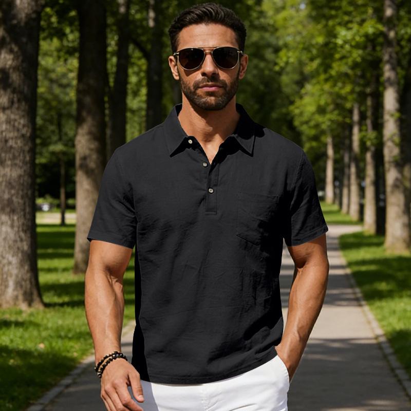 

Men s Lapel Polo Shirt Large Size Linen Summer Casual Short Sleeve Pocket T-Shirt XXXL чорний