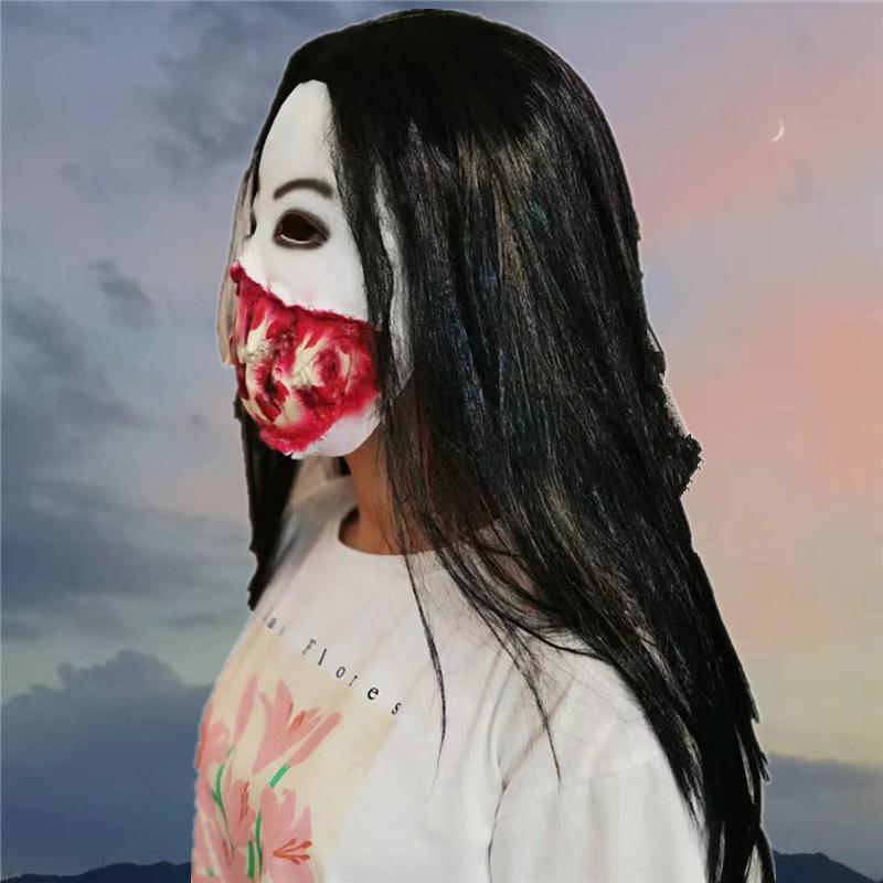 Horror Mask Black Hair and Fangs Prank Full Face Halloween Cosplay Dance Party Scary Latex Headgear