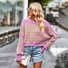 Ladies Autumn Winter Lantern Sleeve Round Collar Striped Pullover Warm Knitted Sweater Knitwear Top
