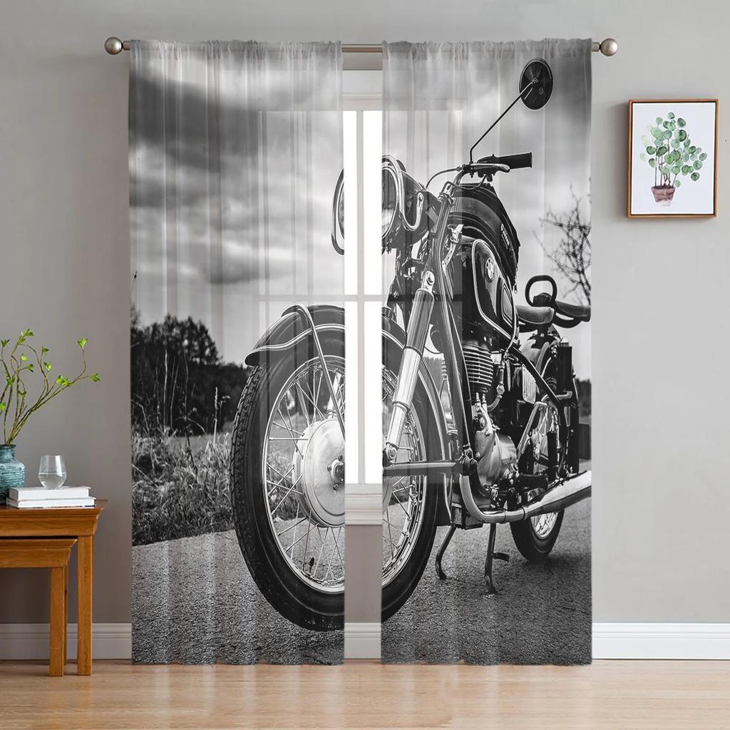 Motorcycle Highway Retro Style Chiffon Curtains Living Room Bedroom Home Decoration Window Voiles Tulle Curtain Light Filtering For Sitting Polyester