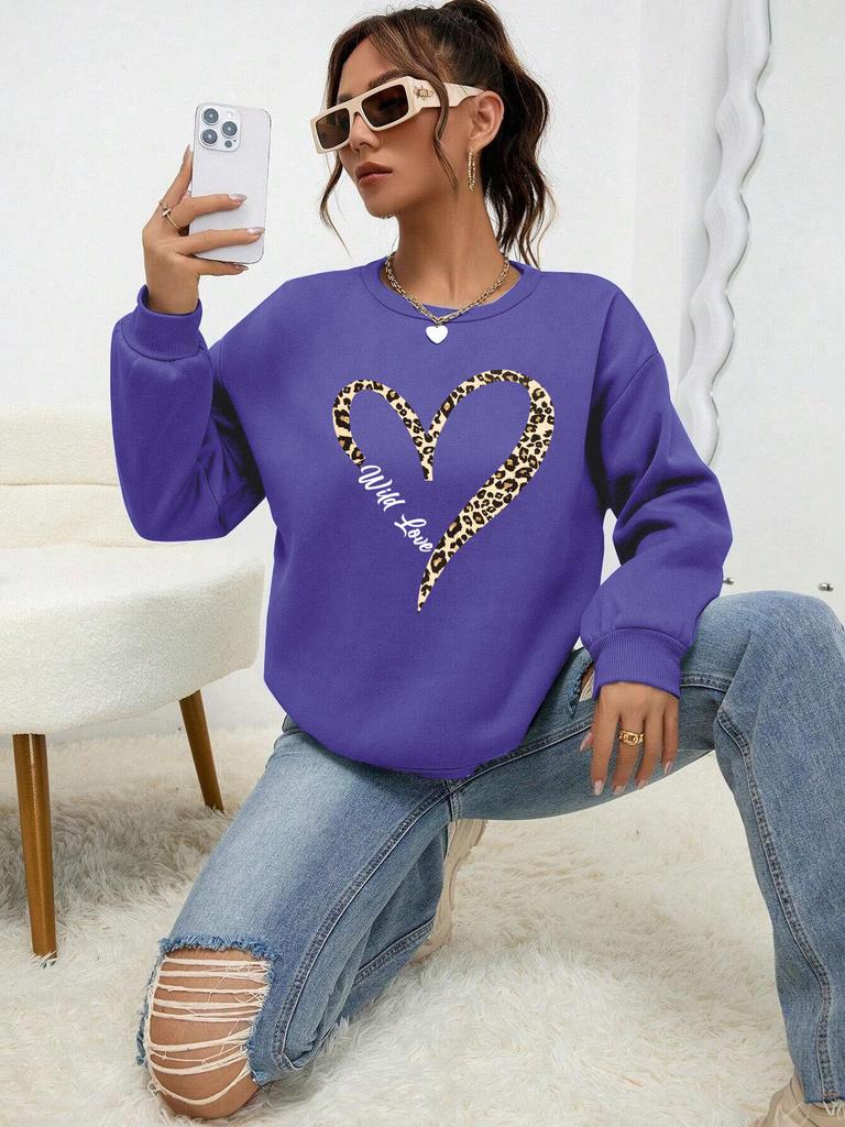 Felpa da Donna con Stampa Leopardata Wild Heart, Pullover con Fodera in Pelliccia da Strada, Abbigliamento Hipster, Girocollo Versatile, Tuta