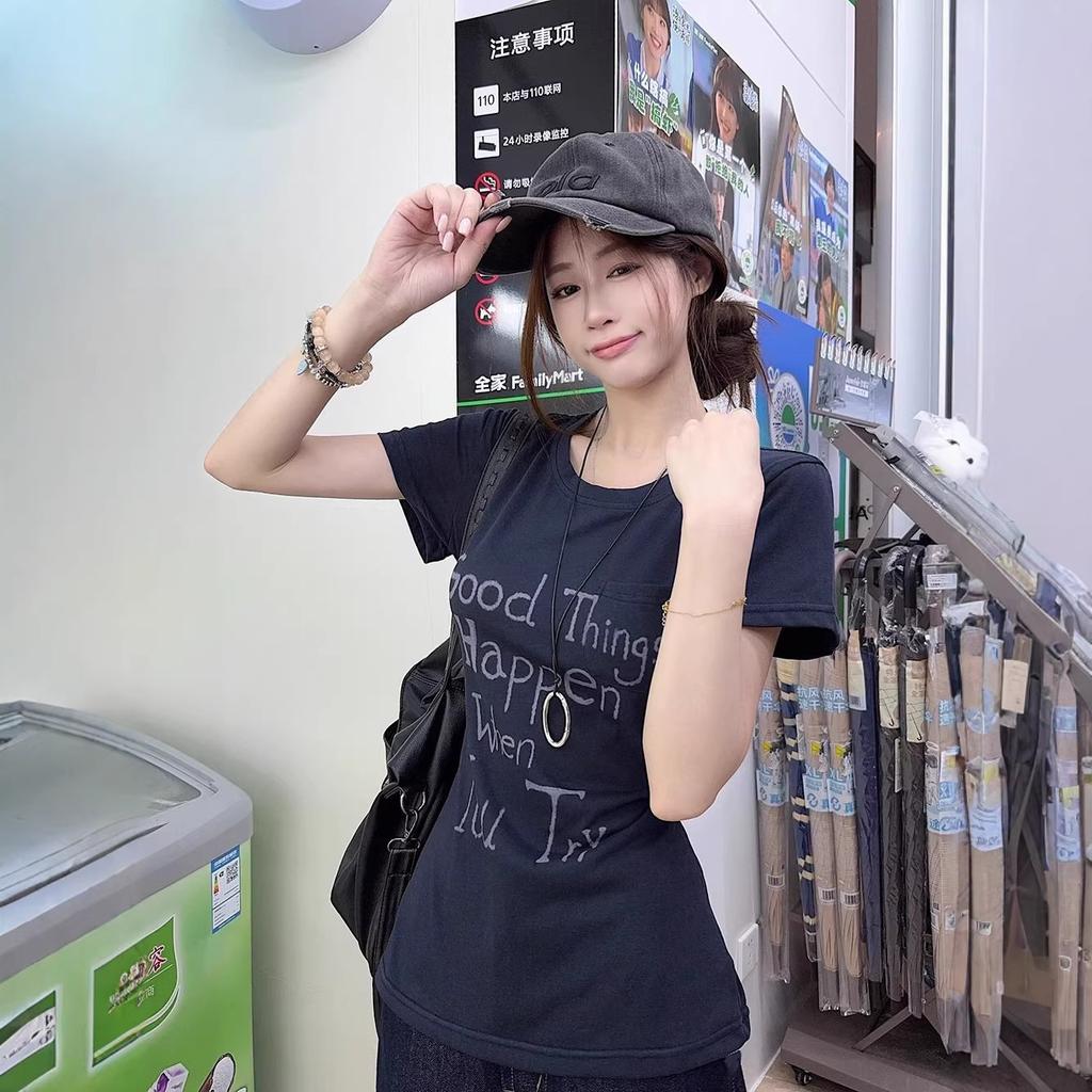 American Sweet and Spicy Letter Printed Crew Neck T-Shirt Women's Summer Waist Skinny Versatile Short Sleeve Bottom Shirt Top