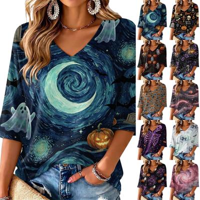 Women's Casual V-Neck Three-Quarter Sleeve Blouse with Halloween Print