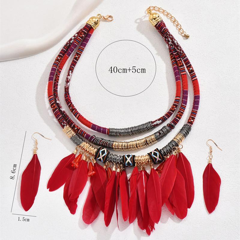 Vintage Ethnic Feather Choker Necklace Earrings Set for Women Multilayer Jewelry