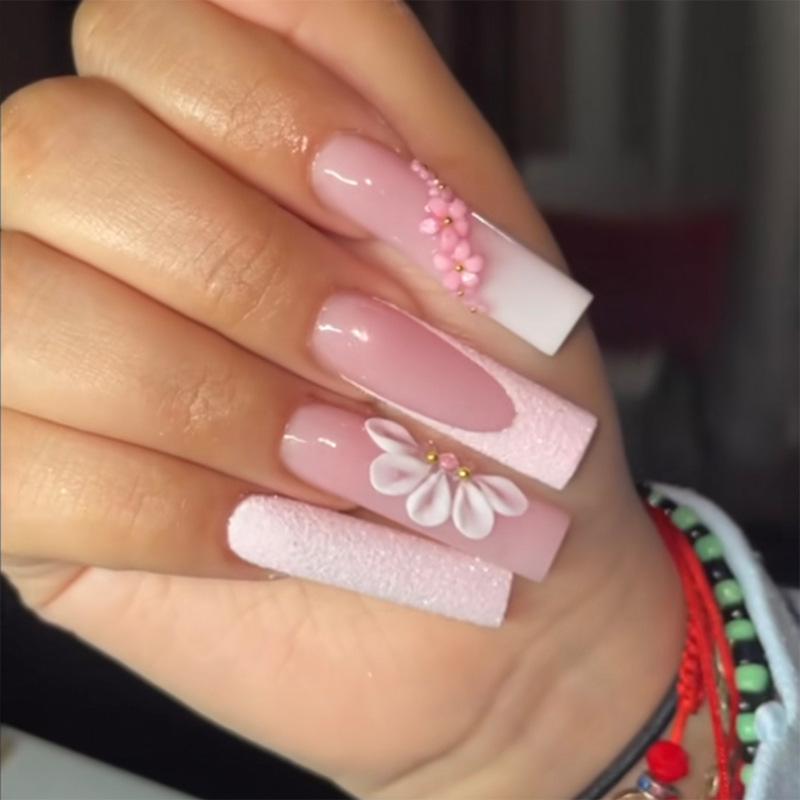 

French Flower Press-On Nails - 24 Piece Set - Nail Art Tips Collection Glue Style