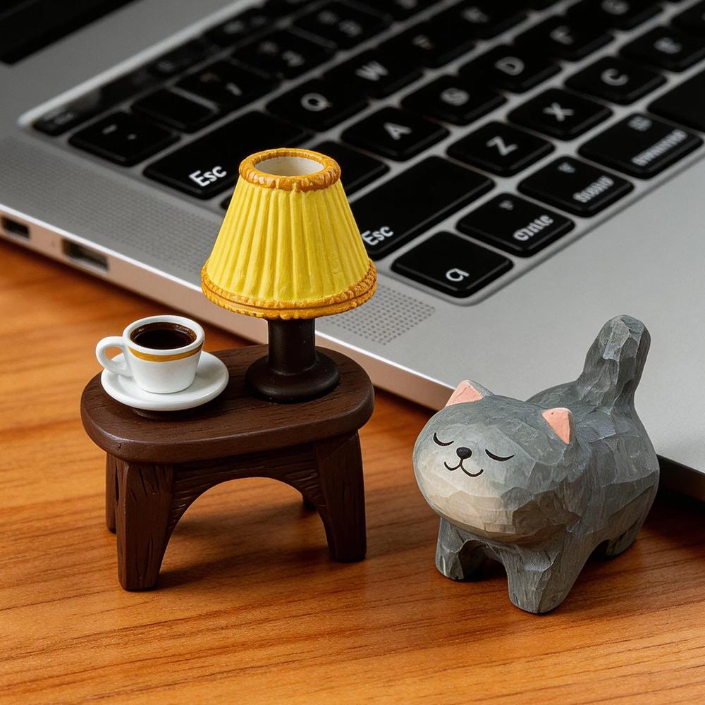 Cute Cat Animals Figurine Decorative Wooden Ornament Miniature Kitten Coffee Home Bedroom Office Desk Decoration Gift Statue