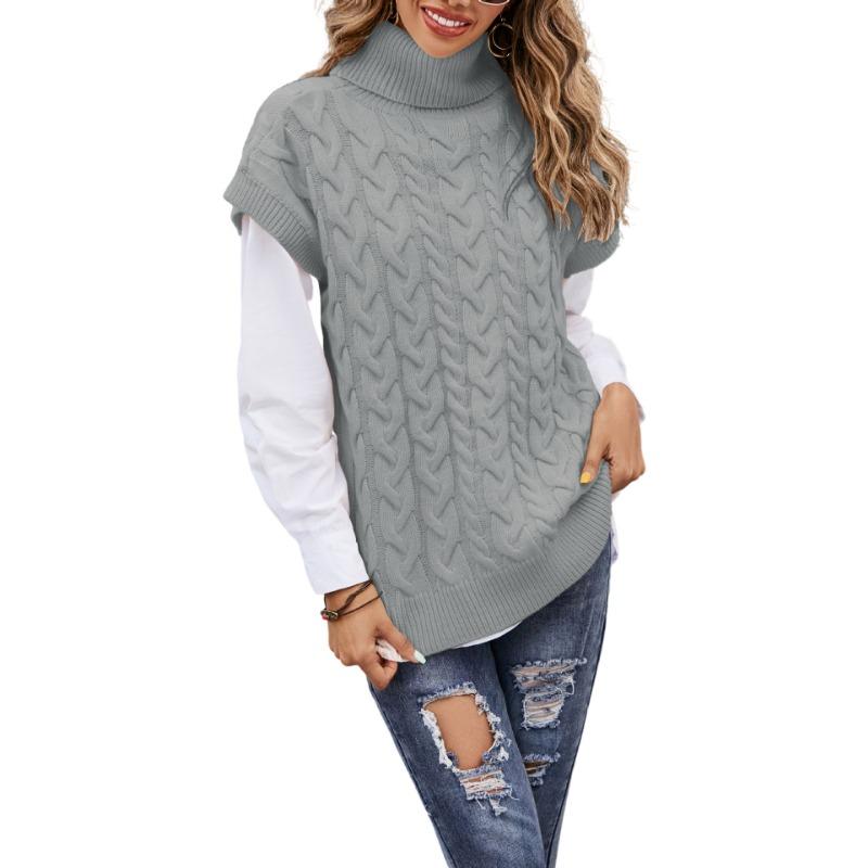 Women's Autumn and Winter Sleeveless Button Rope Knit Loose Pullover High Neck Sweater