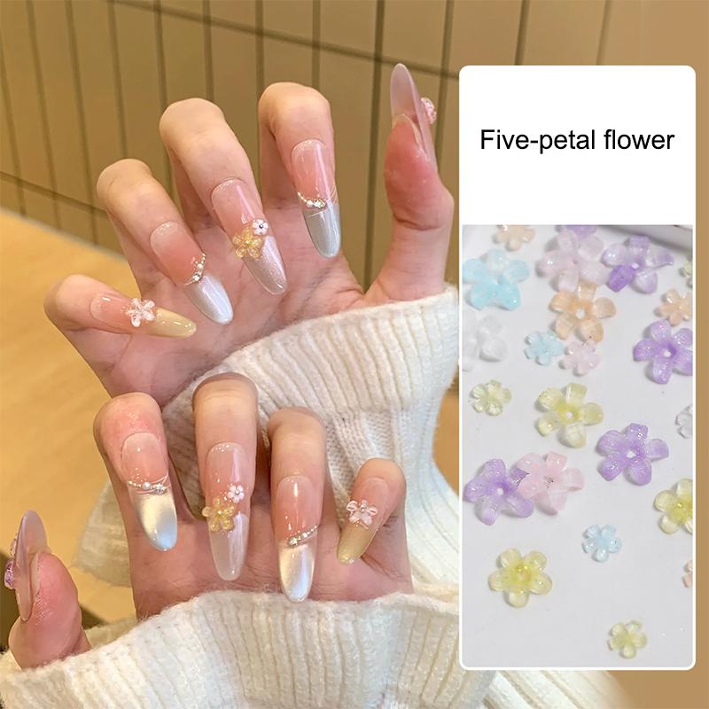 50Pcs Five Petal Flower Nail Art Charms Shine 3D Nail Decoration Macaron Color Manicure Accessories Resin Material DIY