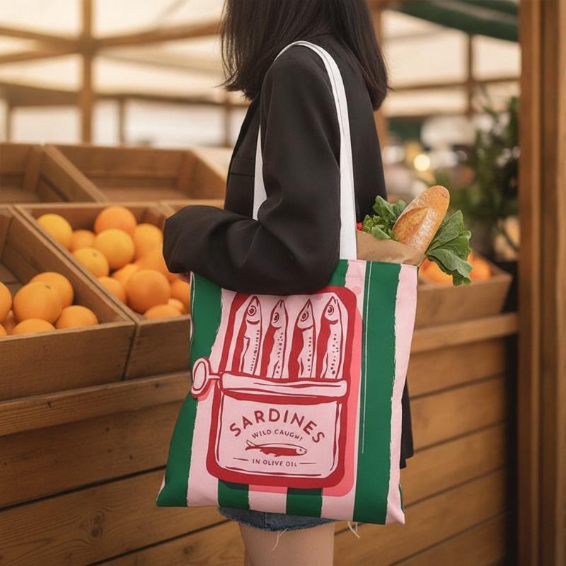 Colorful Trendy Sardines Printe Casual Handbag, Reusable Fashionable Backpack, Multifunctional Tote Bag Polyester Shopping Bag