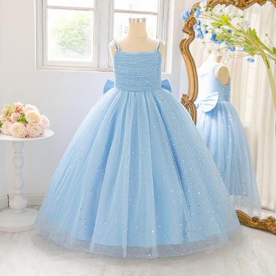 Children's Spaghetti Strap Sequin Flower Girl Dress - Puffy Tulle Skirt with Bow, Princess Gown for Weddings & Performances