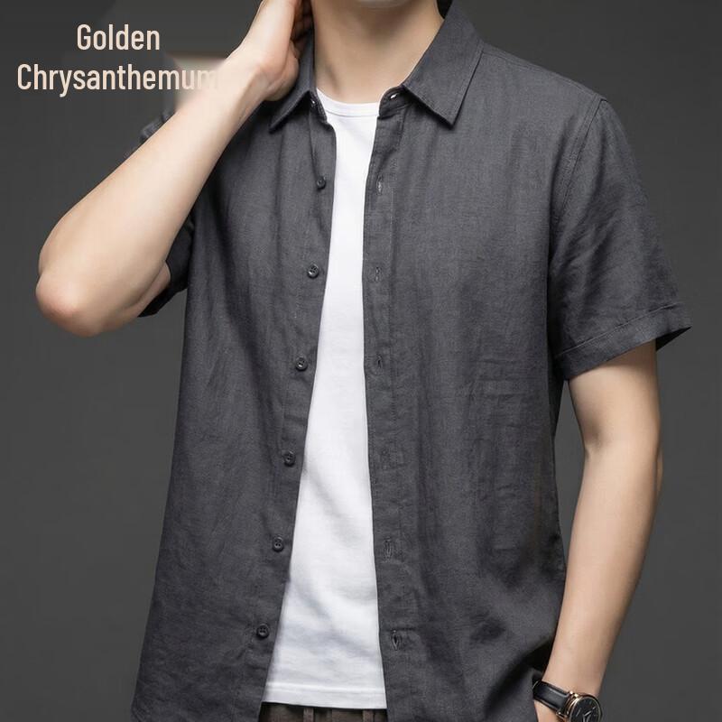 

Jinjv Men s 100% Linen Short Sleeve Lapel Collar Shirt L