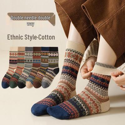 Chaussettes mi-mollet rétro ethniques pour femmes - Aiguille double, Style polyvalent automne/hiver