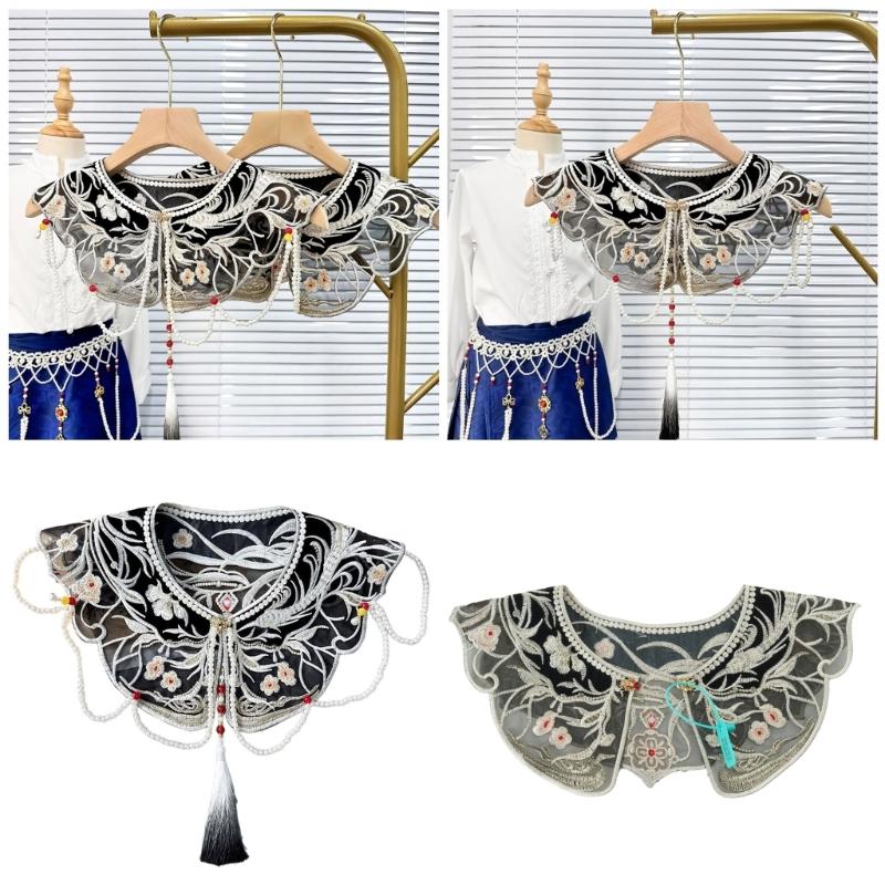 Damen Faux-Kragen mit Perlenketten-Quasten Vintage Stickerei Chinesisch Schwarz Falscher Kragen Schal Capelet mit Perlen Quasten