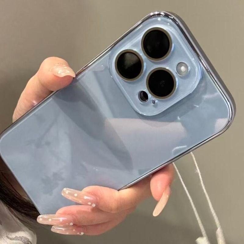 Tempered Glass Glossy Case for iPhone 17 16 15 Plus 14 13 12 Pro Max Plating Bumper Shockproof Hard Back Lens Cover Funda