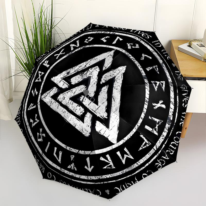 Valknut Print Automatic Umbrella, 8 Rib Iron Frame, Plastic Handle, Suitable for Outdoor Travel &Daily , Ideal Gift
