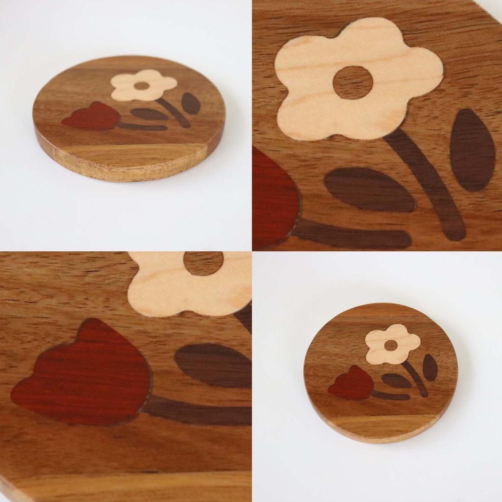 Wakacho Marquetry Small Flower Natural 11 x 11 x Coaster, Coaster, Pattern, Round, Wood, Approx. 1.1 cm, Brown, DZ-61