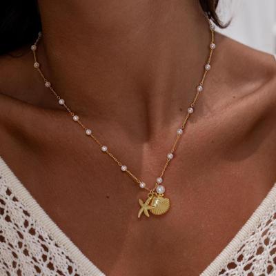 European & American Ocean Style Starfish Pendant Necklace Set: Versatile Seashell & Faux Pearl Beach Clavicle Chain for Women