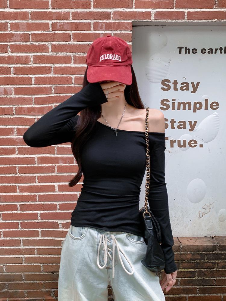 Cross Irregular One-Shoulder Long Sleeve Women's Autumn Top - Off-the-Shoulder Slim Fit with Pleated Base Layer.