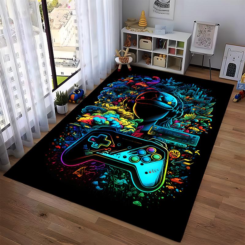 Colorful Gaming Controller Art Carpet with Neon Helmet Design, 3D Style. Suitable for use as an anti-slip for living room bedroom sofas