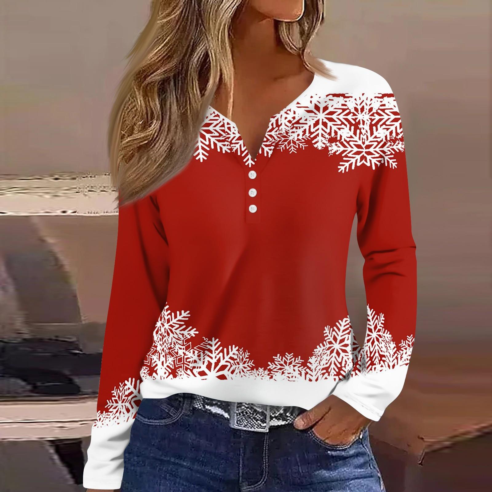 

Жен. Футболка Футболка С принтом Пуговицы Длинный рукав Повседневные Выходные Мода Классический V-образный вырез Обычный Верх L красный