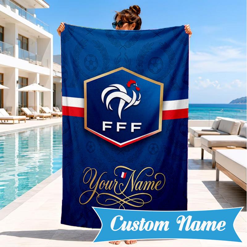 Custom Name France Football Emblem Personalized Microfiber Beach Towel, Quick-Dry, Ideal for Summer Travel, Beach Essential, Swimming