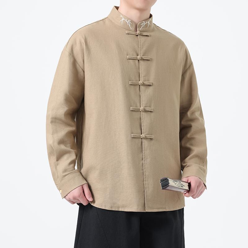 2025 Autumn Men Chinese Style Bamboo Embroidery Shirt Men Long Sleeve Loose Lazy White Shirts Men Cotton Linen Hanfu Tops