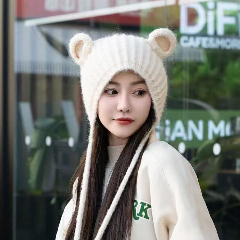 Bear Cute Knitted Hat With Ear Protection And Solid Color Design For Cold Daily