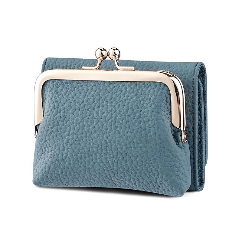 

Женский кошелек из натуральной кожи с RFID-защитой от кражи, с металлическим зажимом и множеством отделений для карт синий